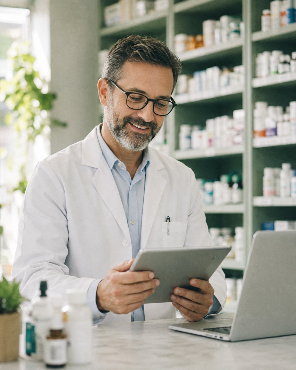 Farmacéutico independiente usando una tableta en su farmacia