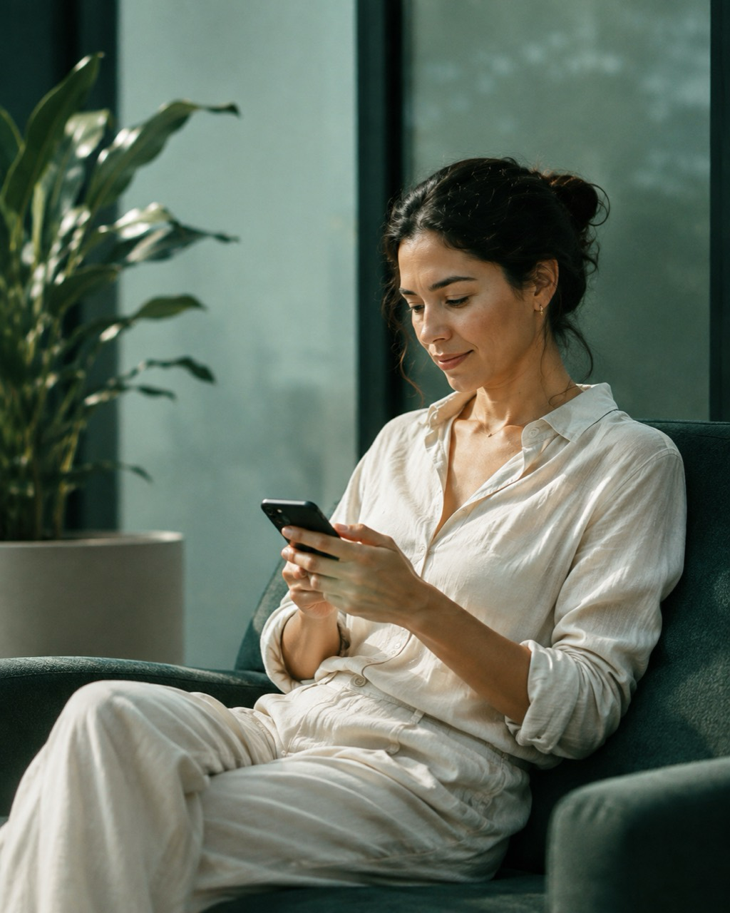 Mujer usando su teléfono en un espacio tranquilo